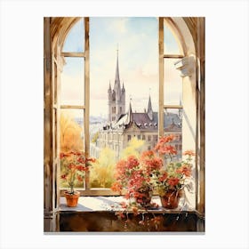 Window View Of Munich Germany In Autumn Fall, Watercolour 3 Canvas Print