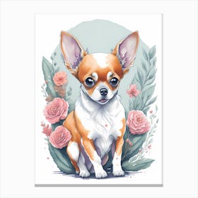 Cute Floral Chihuahua Dog Portrait Painting (3) Canvas Print