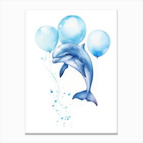 Baby Dolphin Flying With Ballons, Watercolour Nursery Art 2 Canvas Print