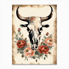 Vintage Boho Bull Skull Flowers Painting (23) Canvas Print