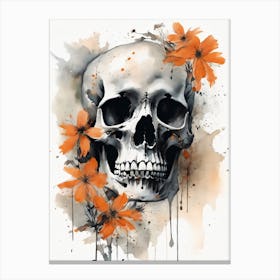Abstract Skull Orange Flowers Painting (13) Canvas Print