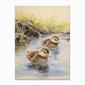 Ducklings Splashing Around Japanese Woodblock Style 1 Canvas Print