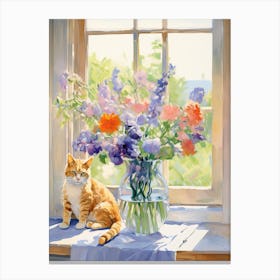 Cat With Snapdragon Flowers Watercolor Mothers Day Valentines 1 Canvas Print