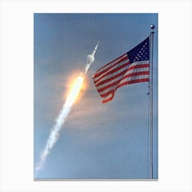 The American Flag Heralds The Flight Of Apollo 11, Man S First Lunar Landing Mission Canvas Print