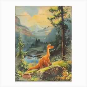 Cute Dinosaur In The Mountaneous Landscape Storybook Painting Canvas Print