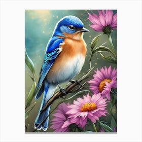 Bluebird Perched On Flower Canvas Print