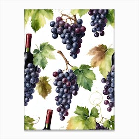 Vines,Black Grapes And Wine Bottles Painting (25) Canvas Print