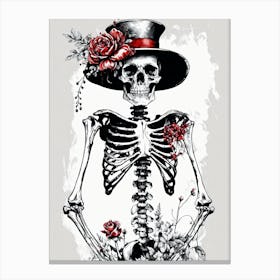 Floral Skeleton With Hat Ink Painting (36) Canvas Print