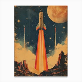 Space Odyssey: Retro Poster featuring Asteroids, Rockets, and Astronauts: Space Rocket Canvas Print