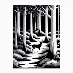 Deer In The Forest, black and white monochromatic art Canvas Print