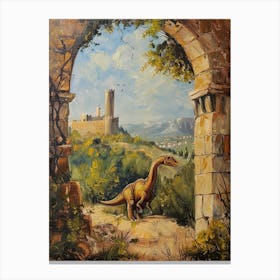Dinosaur By The Castle Painting Canvas Print