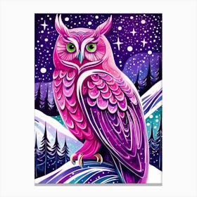 Pink Owl Snowy Landscape Painting (29) Canvas Print