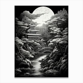 Hachijo Jima In Tokyo, Ukiyo E Black And White Line Art Drawing 3 Canvas Print