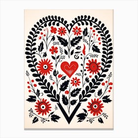 Folky Floral Heart Pattern Red Cream & Black Canvas Print
