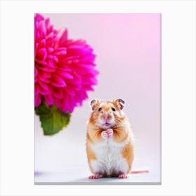 Hamster With Oversized Cheeks Clutching A Vivid Pink Dahlia Bright Color Palette Soft Focus Again Canvas Print