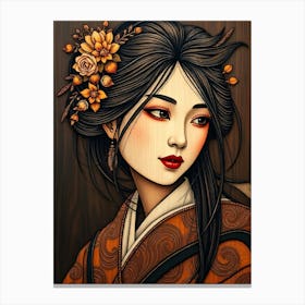 Geisha Wood Carve Portrait Canvas Print