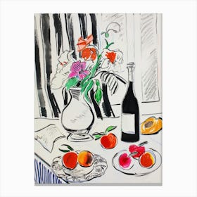 Wine and Flowers on the Table. Matisse Style Sketch Kitchen Canvas Print