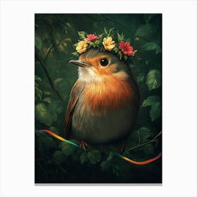 Little Robin Bird With A Flower Crown Canvas Print