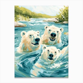 Polar Bear Family Swimming In A River Storybook Illustration 1 Canvas Print