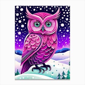 Pink Owl Snowy Landscape Painting (160) Canvas Print