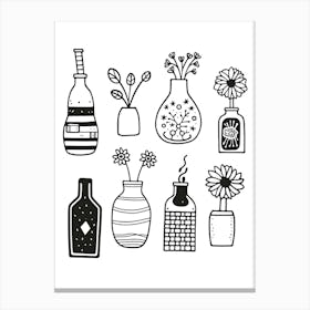 Flowers In A Vase Collection Black And White Line Art Canvas Print