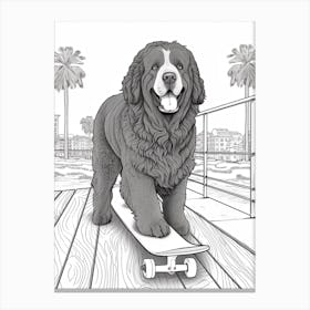Newfoundland Dog Skateboarding Line Art 4 Canvas Print