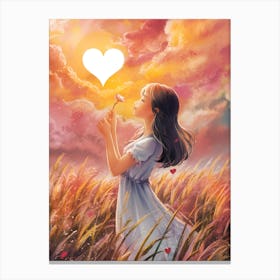 Girl In Field With Heart Canvas Print