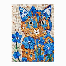 Mosaic Cat With Blue Flowers Canvas Print