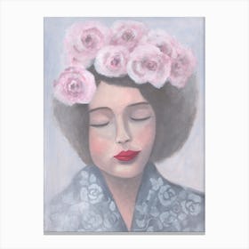 Woman With Pink Roses Hair Canvas Print