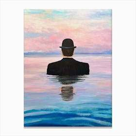 Surreal Man In Bowler Hat In Water Pink Sky Canvas Print