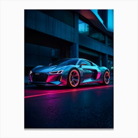 Audi R8 supercar in neon, speeding through the night. A fast, futuristic cyberpunk car with V10 power and synthwave vibes. Canvas Print