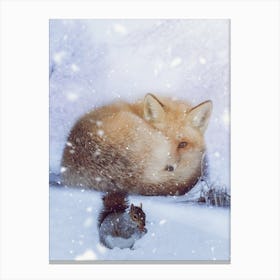 Fox And Squirell In Winter Canvas Print