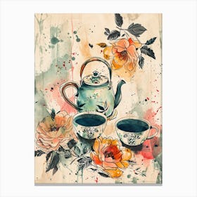 Watercolour Floral Teapot & Cups 1 Canvas Print