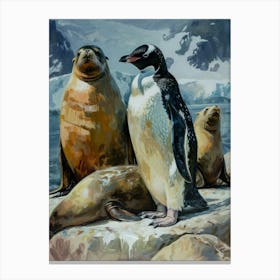 Adlie Penguin Sea Lion Island Oil Painting 1 Canvas Print