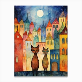 Abstract Cats In Front Of A Medieval Town In The Moonlight Canvas Print