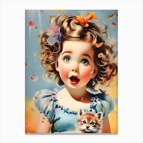 Little Girl With small cat Canvas Print