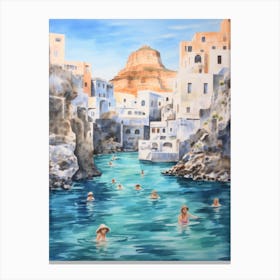 Swimming In Santorini Greece 2 Watercolour Canvas Print