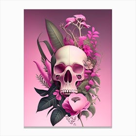 Skull With Surrealistic Elements 2 Pink Botanical Canvas Print