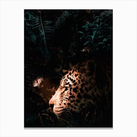 Jaguar And Luminous Butterfly In Jungle 1 Canvas Print