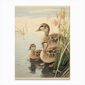 Japanese Woodblock Style Duckling Family 6 Canvas Print