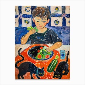 Portrait Of A Boy With Cats Eating A Salad 1 Canvas Print