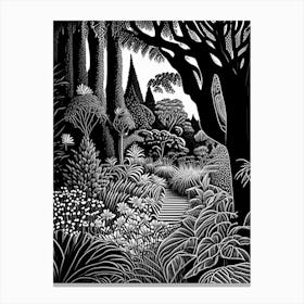 Christchurch Botanic Gardens, 1, New Zealand Linocut Black And White Vintage Canvas Print