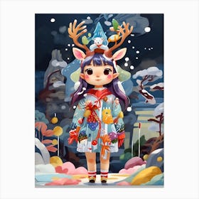 Christmas Girl With Reindeer Canvas Print
