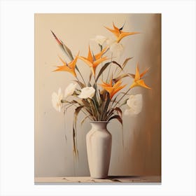 Bird Of Paradise, Autumn Fall Flowers Sitting In A White Vase, Farmhouse Style 3 Canvas Print