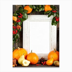 A Captivating Autumnal Scene Showcasing Ripe Oranges And Vibrant Pumpkins Resting On A Rustic Table (5) Canvas Print