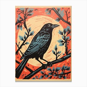 Vintage Bird Linocut Crow 4 Canvas Print