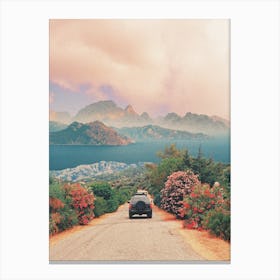 Jeep On The Road With Flowers And Seascape Canvas Print