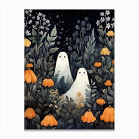 Cute Bedsheet Ghost, Botanical Halloween Watercolour 123 Canvas Print