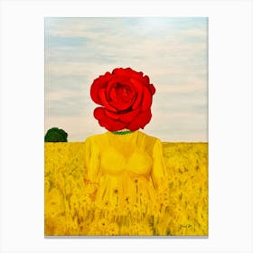 Surreal woman with Red Rose head in field of flowers Canvas Print