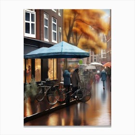 Amsterdam cafes, autumn season, rain, autumn oil colours.Faded colours,People passing on the street, winter clothes, rain umbrellas.8 1 Canvas Print